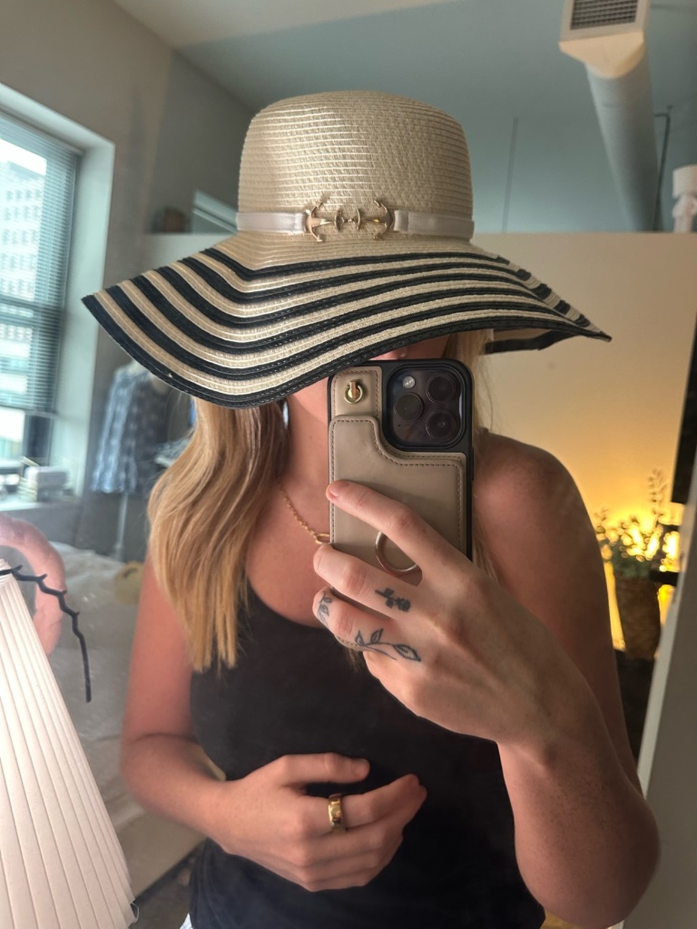 Eugenia Kim Cream Straw Floppy Hat with Black Stripes